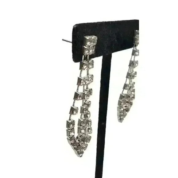 Vintage Earrings Rhinestone Long Dangle Wedding Sparkle Statement Pierced - Picture 3 of 7